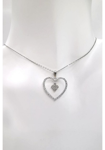Omar Silver Kadın Kalpli Elmas Model Zirkon Taşlı Gümüş Kolye (513866784)