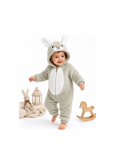 Tatlı Tavşan Desenli Welsoft Bebek Tulumu Kapüşonlu Peluş Fermuarlı Kışlık Unisex Bebek Tulumu Yeşil