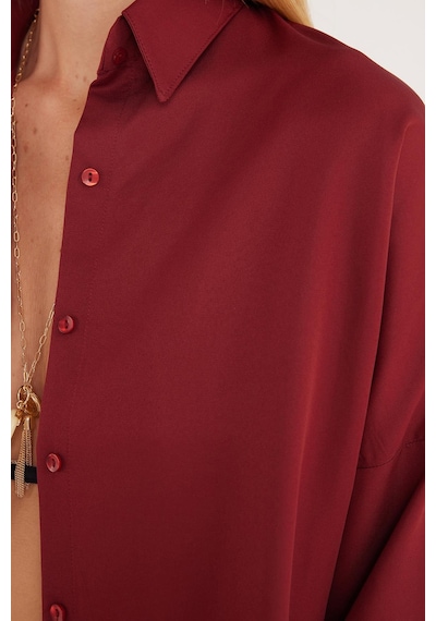 Tudors Kadın Oversize Rahat Kesim Spor Yaka Uzun Kollu Basic Düz Bordo Gömlek-36830 Bordo
