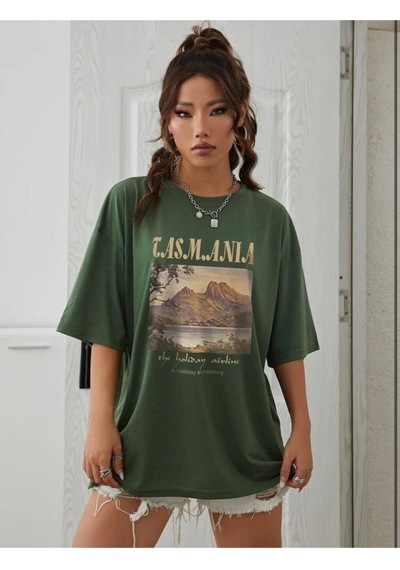 Flood Of Style Kadın Nefti Yeşili Tasmania Baskılı Oversize T-shirt Yeşil