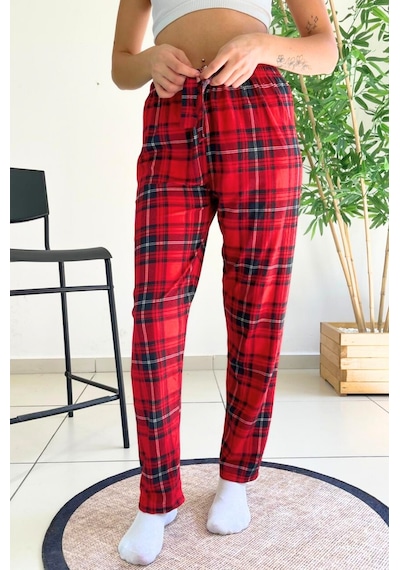 Farya Home Dreamy Soft Kadife Dokulu Ekose Kareli Süet Pijama Altı Pantolon Kırmızı