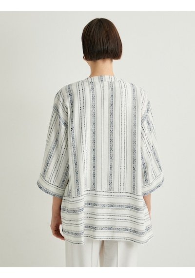 Koton Kimono Geniş Yarım Kollu Cepli Keten Karışımlı Mavi Çizgili 4sak50011pw Mavi Çizgili Mavi