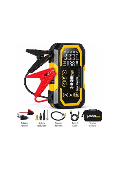 Sgs Plus 4'ü 1 Arada Akım Korumalı Akü Takviye Cihazı 12.000 Mah Powerbank, 150 Psı Lastik Şişirme, Led Fener