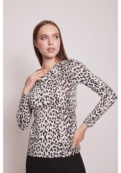 Jument Desenli Degaje Yaka Uzun Kol Likralı Kumaş Body-Bej Leopar