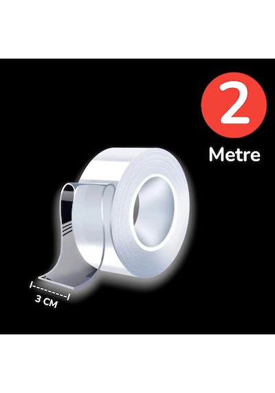 Ultra Güçlü Çift Taraflı Nano Bant 2 Metre X 3 Cm Şeffaf Yapışkanlı Silikon Bant