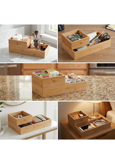 Deconox 2'li Çok Amaçlı Bambu Organizer Set - Büyük Ve Küçük Boy Banyo, Mutfak Ve Ofis Düzenleyici Kutu - Ahşa Diğer