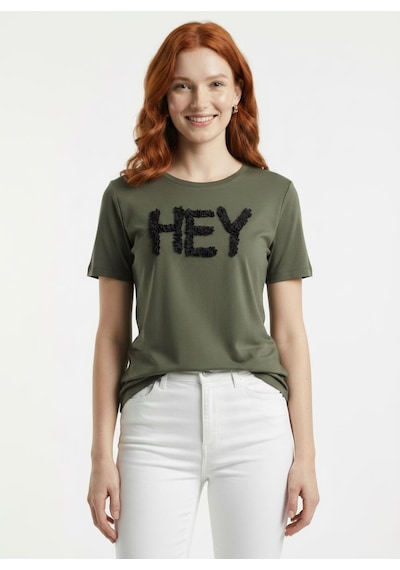 Neden Tekstil Kadın Pamuk Hey Yazılı Yuvarlak Yaka T-shirt - Yeşil