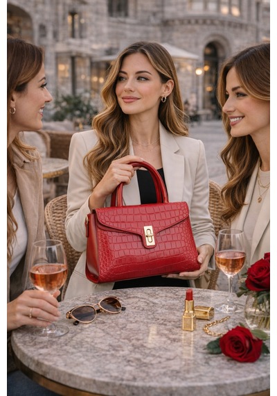 Dukidaso Kırmızı Modern Formlu Gold Kilit Detaylı Kadın El Çantası Kırmızı Mt1555