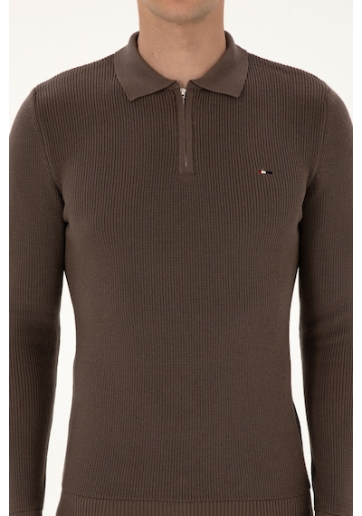 U.S. Polo Assn. Erkek Regular Fit Fermuarlı Vizon Basic Kazak 50313685-VR052