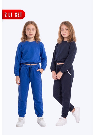 Panios Kids 2'li Yuvarlak Yakalı Beli Lastikli Crop Kesim 4 Parça Kız Çocuk Alt Üst Eşofman Takımı Mavi-lacivert
