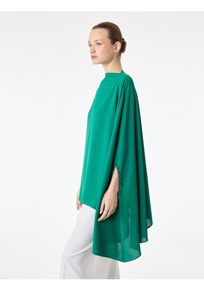 Koton Dik Yaka 3/4 Yarasa Kol Oversize Saten Abiye Bluz Yeşil 6sak60001fw