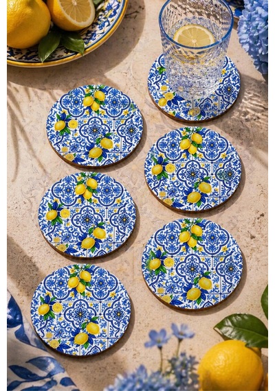 Motifli Ve Limon Desenli Bardak Altlığı 6 Lı Set 9 Cm Mdf Çok Renkli