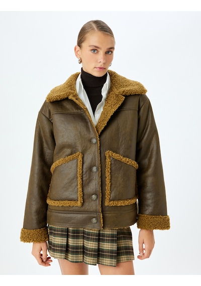 Koton Cepli Peluş Yaka Detaylı Oversize Suni Deri Ceket Yeşil 5wak20337ew Koyu Haki