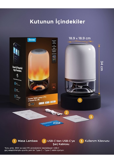Govee Masa Lambası 2 Pro X Jbl Hoparlörlü, Type-c Şarjı, 45' Şarj Adaptörü Dahildir H60200f1 Şeffaf