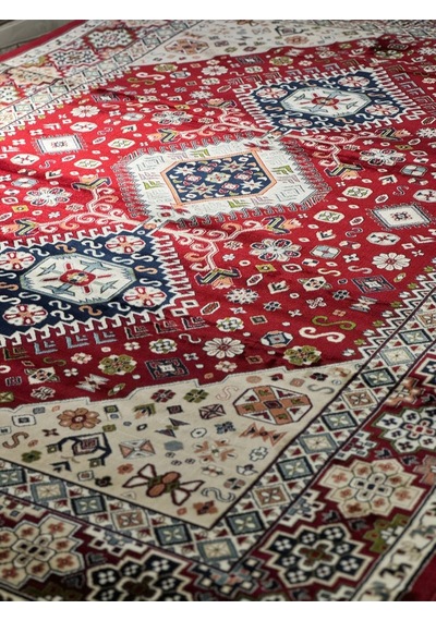 Asaryün Halı Ipek H4320 Bordo İpeksi Geleneksel Renkli Göbekli Klasik Desen Salon Halısı Modern Renkli