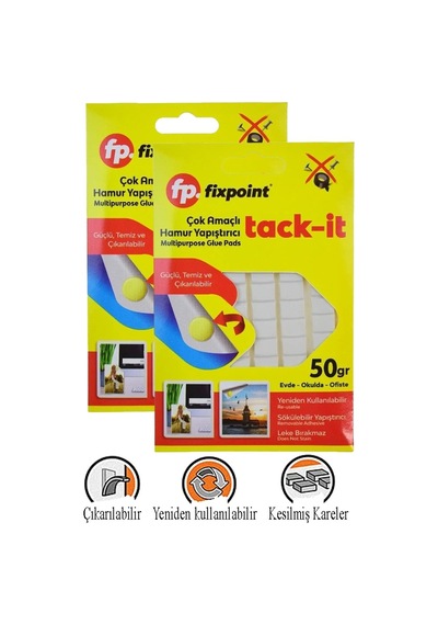 Hamur Yapıştırıcı Tack-it 50gr 2 Paket Fixpoint 65 Parça Macun Sakız Yapıştırıcı Takıt Çerçeve Afiş Duvar İz Bırakmaz