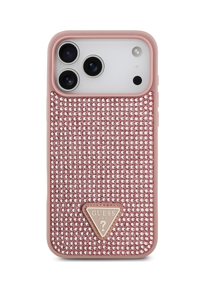 Apple Uyumlu iPhone 17 Pro Max Kılıf Guess Lisanslı Taşlı Arka Yüzey Üçgen Logolu Kapak Pembe Pembe