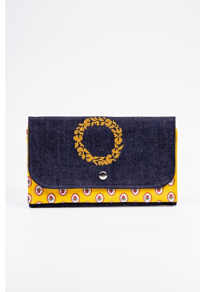 Fabric Craft Bag Kadın Kumaş Cüzdan Nakışlı Lacivert - Sarı