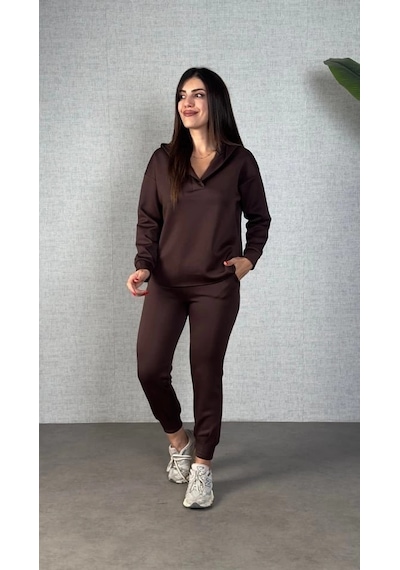 Defymoda Kadın Uzun Kollu Kapüşonlu Ikili Takım Kahverengi