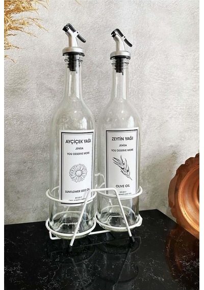 Jenisa Beyaz Standlı Akıtıcılı Şeffaf 750 Ml Beyaz Etiketli Yağlık Yağdanlık Sku: Smg8690010581495 Açık Gri