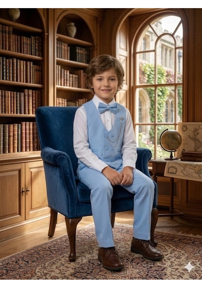 Baby Kids Colors Erkek Çocuk Smokin Takım Elbise 6 Düğmeli Yelekli Papyonlu Zincirli 4'lü Takım Mavi