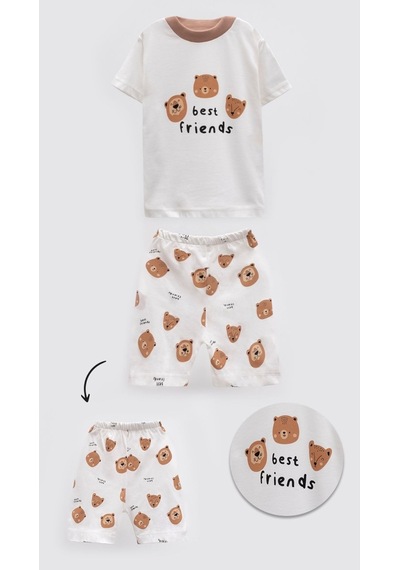 Aden Kids Unisex Bebek Ve Çocuk Ayıcık Desenli Yazlık Pijama Takımı - Best Friends 0-4 Yaş Kahverengi