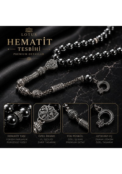 Dark Noble Ultra Premium Tesbih Kalın Taneli Hematit Erkek Tesbihi Gümüş