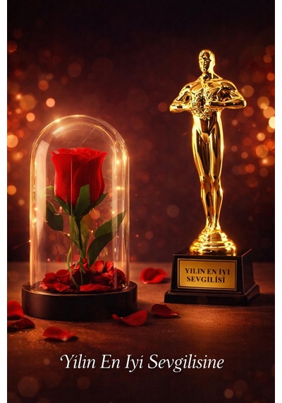 Home Dekor Hediye Sevgililer Gününe Romantik Hediye Yılın En İyi Sevgilisi Oscar Biblo Ve Işıklı Mika Fanus Gül Seti