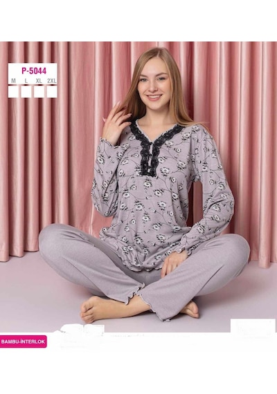 Sude Kadın Bambu İnterlok Uzun Kol Yakası Nakışlı V Yaka Pijama Takımı P5044 - 1 Adet 001