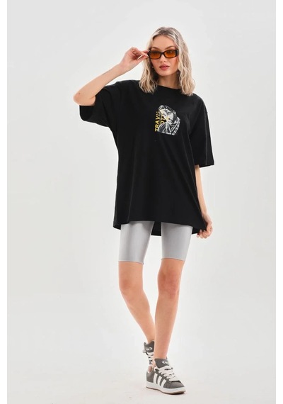 Assema Kadın Baskılı T-shirt Kısa Kol Bisiklet Yaka Ovarsize Rahat Kalıp Günlük Tişört - Siyah Çok Renkli