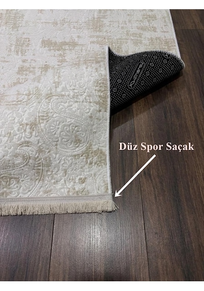 Kaymaz Tabanlı Saçaklı Yıkanabilir Leke Tutmaz Kesme Kabartmalı Salon Koridor Mutfak Halısı Krem
