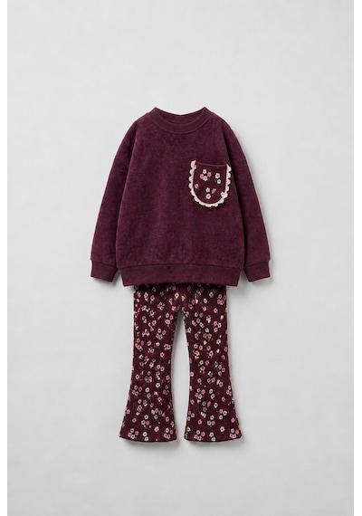 Magu Kız Çocuk Çiçek Desenli Bordo Sweatshirt Ve İspanyol Paça Tayt Takımı