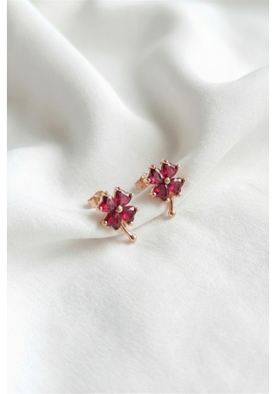 Çekirdekjewelry 925 Ayar Gümüş Yakut Taşlı Yonca Küpe Rose