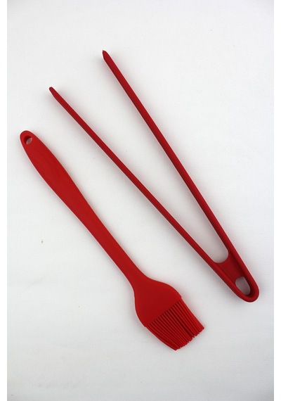 Lüks Büyük Boy Silikon 2 li Maşa Fırça Set Kırmızı 27cm