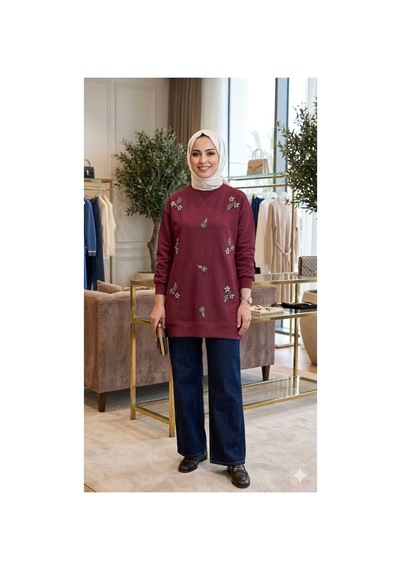 Peka Kadın Boncuk İşlemeli Premium Seri Tesettür Tunik Bordo Bordo