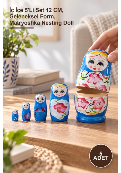 5 Adet Ahşap Matruşka İç İçe 5'li Set 12 Cm, Geleneksel Form, Matryoshka Nesting Doll
