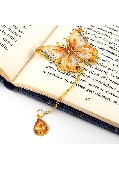Turuncu Renkli Kelebek Altın Rengi Metal Kitap Ayracı Zincirli Ay101