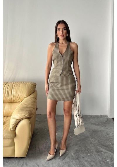 Moderie Butik Haki Çizgili Yelek Ve Etek Takım Haki