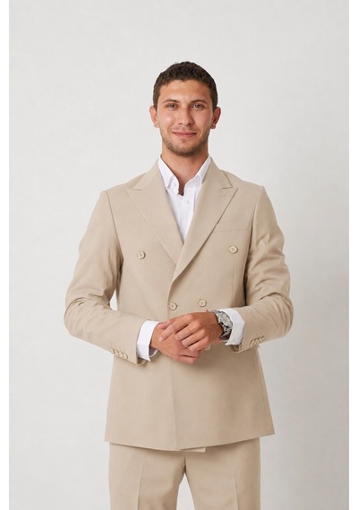 Modmen Erkek Kruvaze Slimfit Takım Elbise Erkek Spor Kruvaze Takım Elbise Bej