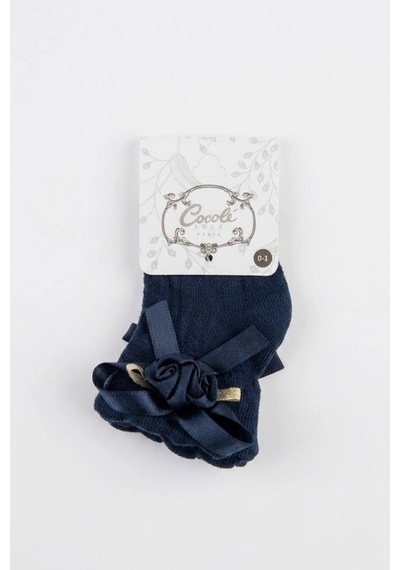 Cocole Socks Kız Çocuk Aksesuarlı Soket Çorabı Tekli Pamuklu Güllü Lacivert Desenli