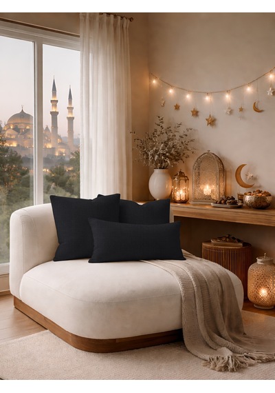 Br Perle Siyah Keten Dokulu Dekoratif Kırlent Kılıfı Modern Salon Koltuk Yastığı