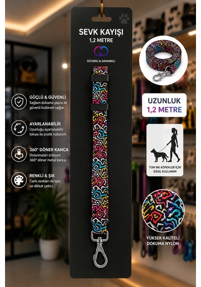 Köpek Sevk Kayışı 1,2 Metre Ayarlanabilir 360 Derece Döner Metal Kancalı - Geometrik Desenli