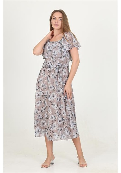Neşeli Butik Kadın Madonna Yaka Kuşaklı Desenli Şifon Elbise Ry10037 Vizon