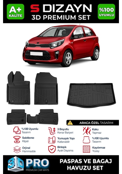 S-dizayn Kia Picanto 3d Pro Havuzlu Paspas Ve Bagaj Havuzu Seti 2'li Set 2017 Üzeri A+ Kalite