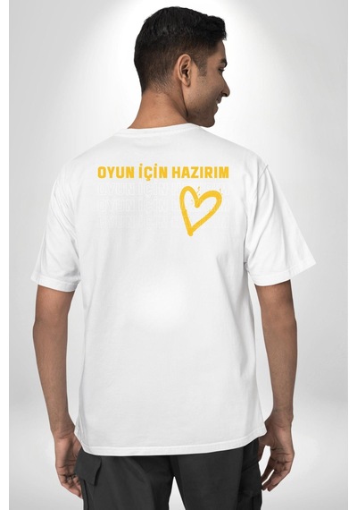 Oyun İçin Hazırım Kalp Beyaz Oversize Unisex Ön Ve Sırt Baskılı Tişört Beyaz