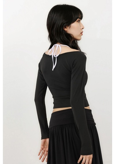 Hiccup Halter Yaka Uzun Kollu Esnek Örme Top Siyah