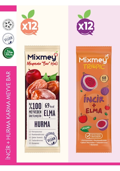Mixmey İncir Hurma Karma Meyve Barı 24 Adet | Atıştırmalıklar – Vegan, Glutensiz (20GR X 24 ADET)