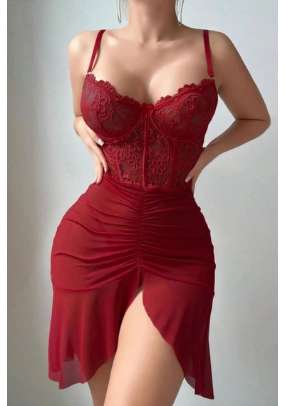 Visatin Bordo Dantel İşlemeli Ve Yırtmaç Detaylı Fantezi Gecelik Crimson Passion Serisi