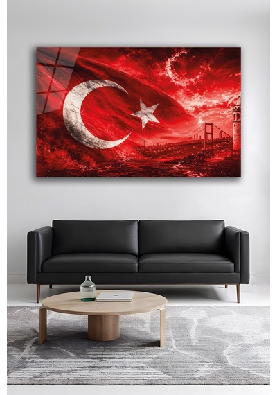 Türk Bayrağı Ay Yıldız Boğaz Köprüsü Cam Tablo Şık Duvar Tablosu Solmayan Canlı Renkler Salon Ve Oturma Odası Ev Hediyesi Parlak Cam Yüzey