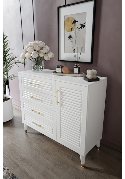 Panjurlu 4 Çekmeceli 1 Kapaklı Şifonyer Modern Tasarım, Mdf Kapak, Beyaz Gold Beyaz - Gold